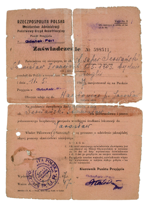 Zdjęcie 019. Zaświadczenie o przybyciu z Anglii do Polski st. sap. S. Serwańskiego w dniu 11 maja 1947 r.