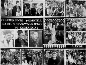 Zdjęcie 002. Wielozdjęciowa plansza fotograficzna wykonana przez nieznanego fotografa 21 września 1986 r. podczas uroczystego poświęcenia pomnika Kardynała Stefana Wyszyńskiego przy klasztorze Sióstr Nazaretanek w Komańczy.