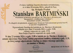 Klepsydra informująca o pogrzebie ks. Stanisława Bartmińskiego